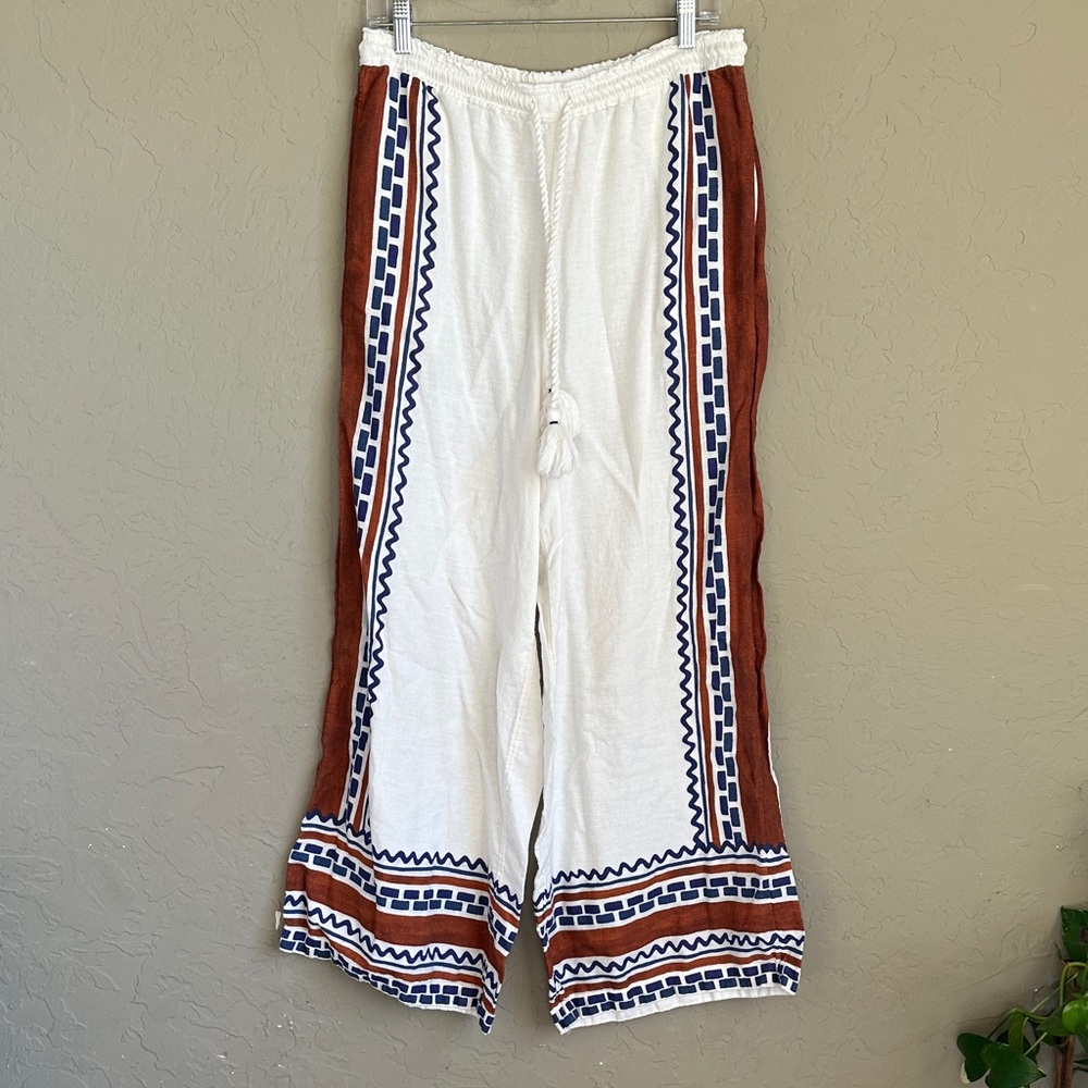 Anthropologie,‎ cream, blue and brown wide leg linen blend pant size medium